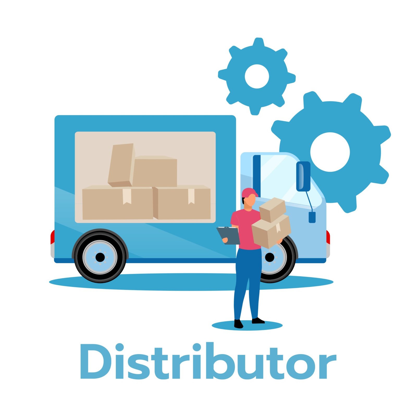 distributor flat illustration producer service provider business model strategic planning distribution of products and services delivery truck isolated cartoon character on white vector